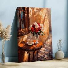 1pc Valentine Wall Art, Token Of Love, A Pink Framed Wall Art, Wrapped Canvas Poster Vintage Prints, Red And White Roses, Wooden Table, Cup Of Coffee, Birthday Party Decor, Decorative Wall Art for Living Room Bedroom Office, Hanging Hardware Included - Wrapped Framed Canvas, Vertical - Lienzo enmarcado - Ver 4