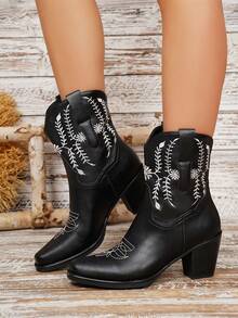 女士尖头粗跟刺绣西部牛仔踝靴 - 黑色 - 查看 3