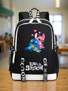 1个卡通刺绣印花耐用涤纶大容量亮丽学生背包，多隔层拉链设计，轻便可折叠，适合上学和旅行 - 彩色 - 查看 3