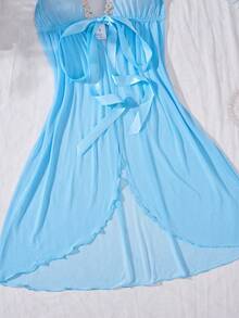 Elegant Sexy Mature Sensual Blue Lingerie Set, Embroidered Lace Ribbon Sheer 2 Pieces Sleepwear For Dates - Blue - View 9