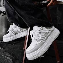 Bộ 3 đôi giày trượt ván nam đế dày thời trang, phối màu độc đáo, phong cách preppy năng động, buộc dây tối giản, đa năng, thích hợp cho mùa xuân/thu. - tro trắng - Xem 1