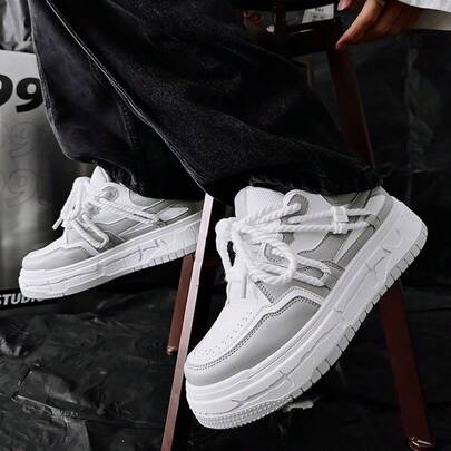 3pcs Men's Fashionable Thick Sole Skateboard Shoes, Color Block Patchwork Casual Preppy Style, Outdoor Lace-Up Minimalist Versatile, Spring/Autumn