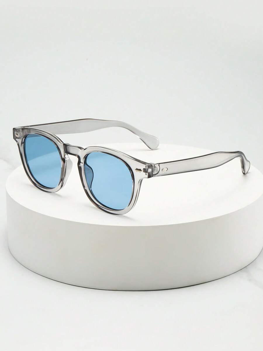 1pc Men's Oval Frame High-Quality Personalized Minimalist Fashion Glasses, Suitable For Casual, Holiday, Travel, Party, And Daily Wear - Gray Frame With Blue Piece - View 1