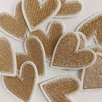 10pcs Gold Heart Embroidered Patches, DIY Clothing Repair Sewing Decoration
