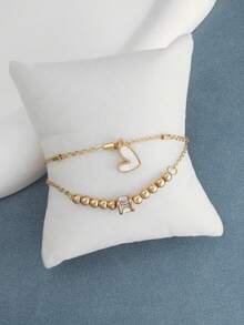 1pc Layered Minimalist French Style Vintage Design Heart Anklet, Versatile - Multicolor - View 5