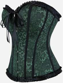 1pc Emerald Green Lace Bustier Crop Top, Heart Neckline With Ruffle Trim, Front Button Closure And Tie Waist Design, Slimming - Green - View 4