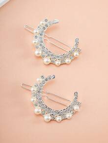 2pcs Girl's Rhinestone Moon Hair Clips, Faux Pearl Bangs Clips, Fashionable & Cute, Suitable For Daily Or Party Use - Multicolor - View 7