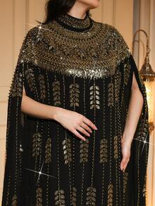 Elegant Long Abaya With Gold Beaded & Embroidered Details, Batwing Sleeves, Stand Collar, Black Woven Fabric, Non-Stretch - Black - View 7
