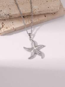 1件欧美时尚海滩度假风18K镀金不锈钢海洋系列海星吊坠项链，适合男士、女士、情侣日常佩戴、度假、派对，也可作为装饰和礼物。 - 銀色 - 查看 7