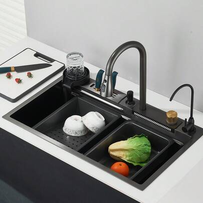 Edelstahl-Spülbecken mit Wasserhahn, Digitalanzeige, großem Einzelbecken, Wasserfall-Regendusche, 5 Funktionen, Spülbecken