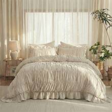 Ruffle Duvet Cover Set,Ruched Boho Bedding 3 Pieces Shabby Chic Luxury Wrinkle Ruffle Comforter Cover Set With 1 Duvet Cover Set,2 Pillowcases,Breathable And Soft Microfiber Quilt Cover Set For All Seasons - Màu be - Xem 2