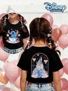 Double-Sided Disney Stitch Pattern With Stitch Back Print, Summer Girls' Cotton Crew Neck Short Sleeves, Suitable For Daily Wear, Vacations, Outdoor Activities, And As A Children's Gift. - màu đen - Xem 1