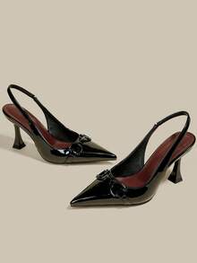 Women's Black Patent Leather Stiletto High Heel Pointed Toe Closed Toe Pumps, Elegant Formal Party Dress Shoes, Office Buckle Strap Backstrap High Heels - Black - View 3
