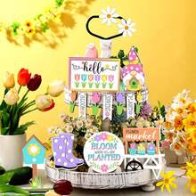 12Pcs Tiered Tray Decorations Set Spring Themed Wooden Table Sign Centerpiece For Desktop Shelf Home Supplies - 彩色 - 查看 2