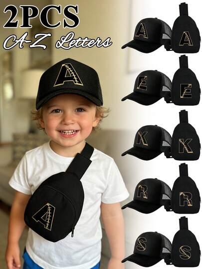 2pcs Kids Black Pirate Stitched Letter Pattern Baseball Cap Set, 26 Alphabet Personalized Fashion, Vintage Sunshade Hat, Lightweight Portable Pouch, Practical Gift Set For Children, Suitable For Spring/Summer Daily, Outdoor, School