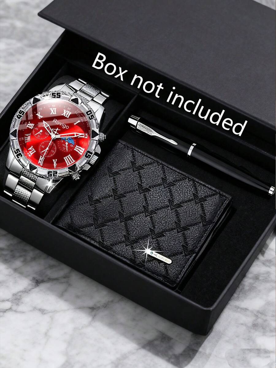 3PCS Men's Luxury Business Set, Original Silver-Blue Dial Quartz Watch, Embossed Wallet, Metal Pen. The Watch Features Roman Numerals And A Multifunction Chronograph Design, With A Studded Case Paired With A Textured Steel Strap, Exuding A Sophisticated And Steady Style.