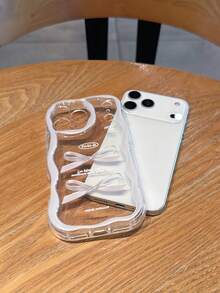1pc Transparent Wavy Shaped TPU Soft Phone Case, UV Printed Gray Bow Slogan Pattern Compatible With Apple 7/8/7 Plus/8 Plus/X/XS/XR/XS Max/11/11 Pro/11 Pro Max/12/12 Pro/12 Pro Max/12 Mini/13/13 Pro/13 Pro Max/13 Mini/14/14 Pro/14 Pro Max/14 Plus/15/15 Pro/15 Pro Max/15 Plus/16/16 Pro/16 Pro Max/16 Plus/17/17 Pro/17 Pro Max/Air - Multicolor - View 4