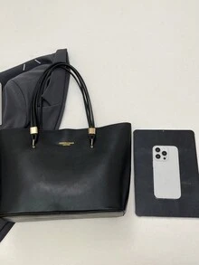 Letter Decor Large Capacity Fashion New Casual European And American Retro Solid Color Women Shoulder Underarm Tote Bag - Black - View 8