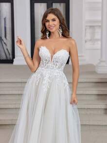 White Stiffening Net And Champagne Lining Off-Shoulder Detachable Tulle Long A-Line Sparkly Embroidery Wedding Dress, Elegant And Sexy, Suitable For All Seasons - Beige - View 8