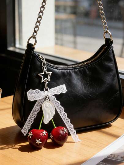 Y2K Gothic Lace Bow Cherry Bag Charm Keychain, Versatile Use As Bag Accessory, Keychain Decor, And Fashionable Y2K/Gothic Bag Embellishment, Cute Design With Star And Pearl Wings, Ideal For Decorating Handbags, Crossbody Bags, Backpacks, Suitable For Y2K Fashion Enthusiasts, Women, Girls, Gift Giving, And Everyday, Music Festival, Casual Occasions
