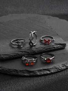 5pcs/Set Dark Thorn Rhinestone Butterfly & Heart Wing Street Style Rings - Gun Black - View 4