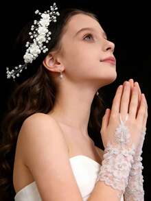 3pcs Set - Girls White Floral Handmade Beaded Hair Clip Accessory + Pearl Lace Short Bridal Gloves - Wedding Dress & Formal Hairstyle Soft Chain Rose Pearl Flower Wreath Set - Suitable For Photography Styling - Multicolor - View 4