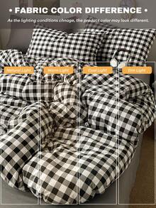 4pcs Classic Simple Japanese Black & White Plaid Duvet Cover Bedding Set, Soft & Comfortable, Removable Fiber Double-Layer Bedding (1 Duvet Cover + 1 Bed Sheet + 2 Pillowcases, Excluding Comforter & Pillow), Unisex, Bedroom Decor, Holiday Gift, Single/Double Size, Random Pillowcase Pattern - Black - View 7