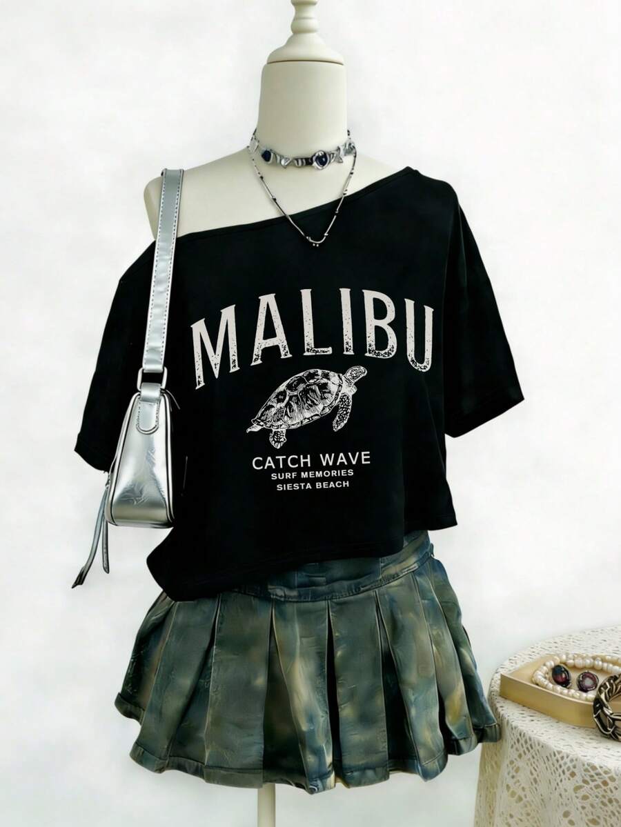 Women's Loose Open Shoulder Batwing Short Sleeve T-Shirt, With Sea Turtle & English Print Black Casual Summer