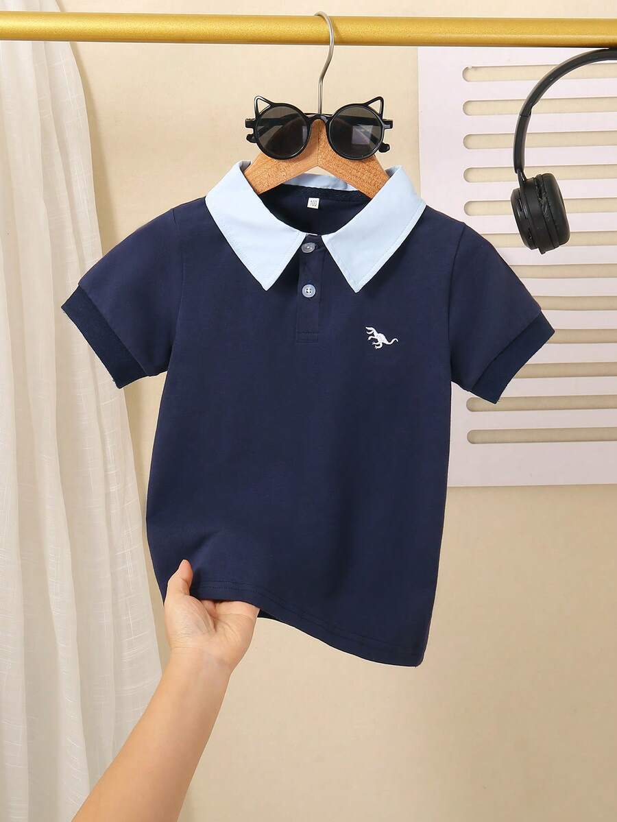 男童撞色刺绣短袖Polo衫,休闲学院风,夏季百搭 - 寶藍色 - 查看 1