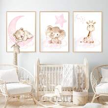 Tranh treo tường bằng vải canvas màu hồng chủ đề động vật rừng - Gấu bông, Voi, Hươu cao cổ, thích hợp trang trí phòng trẻ em, nhà trẻ, mẫu giáo, phòng bé trai, phòng ngủ bé gái, trang trí phòng trẻ em, trang trí ngày Valentine. - Nhiều màu - Xem 7