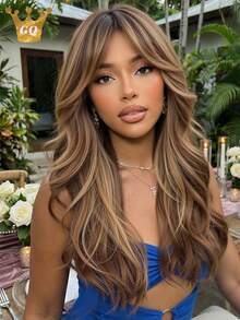 24 Inch Long Wavy Dark Brown Wig With Bangs Light Highlights Synthetic Wig, Natural-Looking Hairpiece For Women Perfect Daily Wear, Party & Fashion Styling - Màu nâu ombre - Xem 1