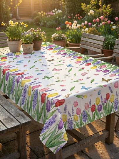 1件春季郁金香蝴蝶桌布 - 水彩郁金香和风信子花园，营造清新春日餐桌氛围 | 柔和粉彩装饰，适用于咖啡桌、餐厅或早午餐桌