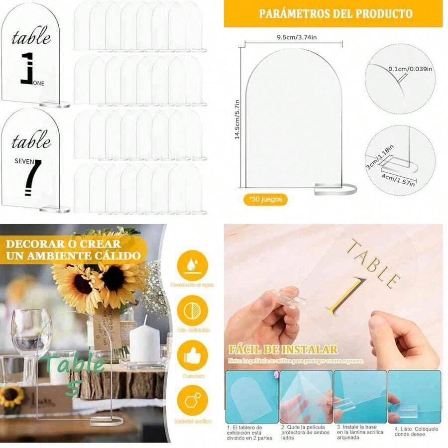 30 juegos de Letrero de mesa de acrlico transparente con soporte,Nmeros de mesa acrlico de arco,Soporte Acrlico Para Letreros,Tarjetas de Lugar para mesa para bodas,reuniones,eventos, restaurantes - como se muestra en la figura - Ver 1