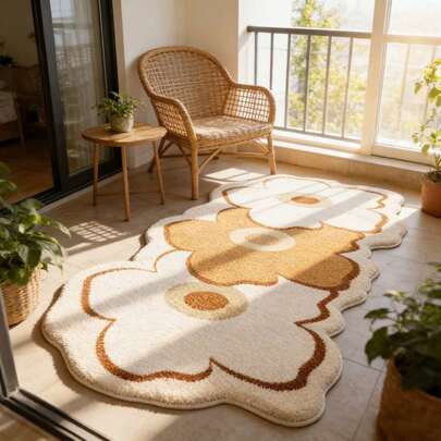 1pc Cream Floral Plush Carpet, Irregular Shaped Long Carpet, 1-5cm Trimming Tolerance, Soft Touch, Decorative Carpet, Bedroom Decor, Small Rug, Carpet, Home Decor, Living Room Carpet, Living Room Small Rug, Bedroom Carpet, Living Room Home Decor, Outdoor Carpet, Washable Carpet