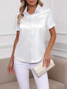 1pc Solid Color Woven Fabric Front Button Women Shirt, Short Sleeve, Collar, Office, Travel, Daily, Back To School, Party, Spring/Summer, Elegant Casual, Versatile - White - View 11