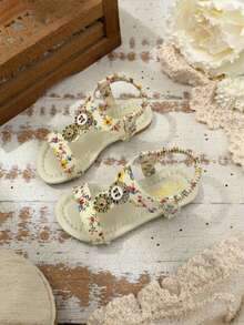 1 Pair Girls' T-Strap Flat Sandals With Floral Pattern Decor And Elastic Back Strap - Beige - View 6