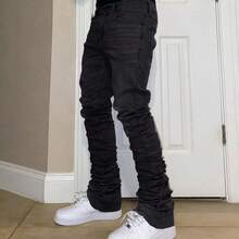 Black Stacked Jeans For Men Slim Fit Stretch Denim Street Casual Pants - màu đen - Xem 4