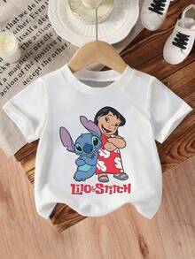 Disney Girls' T-Shirt, Creative Lilo & Stitch Alphabet Cartoon Double-Sided Print, Summer Girls' Cotton Crew Neck Short Sleeve, Perfect For Everyday Wear, Vacations, Outdoor Activities, And As A Gift For Kids. - 白色 - 查看 4