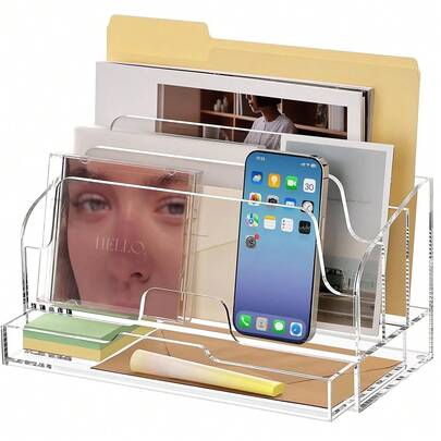 Clear Desk Organizer Holder With Drawers, Acrylic Desktop Manila Folders File Mail Sorter Box, Office Desk Accessories & Workspace Envelope Bill Letter Organization Racks, 3 Compartments