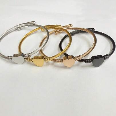 Heart Charm Cable Wire Bangle Bracelet - Adjustable Open Cuff Bracelet For Women, Multicolor (Silver/Gold/Rose Gold/Black) - Minimalist Fashion Jewelry For Daily Wear & Gifting