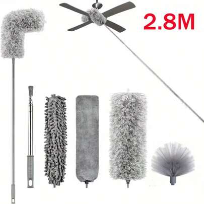 4-In-1 Extendable Microfiber Duster With Stainless Steel Pole (2.8-9.3ft) - Washable & Bendable Feather Duster For Hard-To-Reach Areas, Multi-Surface Cleaning, No Battery Needed - Ideal For Living Room, Bedroom, Bathroom, Kitchen, Toilet, Dusters For Cleaning, Versatile Cleaning Tool, Ergonomic Handle, Durable Construction, Home Cleaners, Compact Design, Sturdy Construction, Apartment Dwellers
