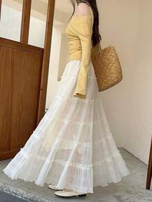 2026 Spring Women's High Waist Pleated Cake Skirt, A-Line Flared Skirt With Textured Frill Trim, Slimming And Flattering Summer - Apricot - View 5