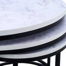 Modern Minimalist 3-Piece Nesting Side Table Set, Sofa Side Table, Living Room Center Coffee Table, Hotel Lobby Display Table, Reception Table, Multi-Purpose Storage Rack. White Marble-Patterned Wood Tabletop, Black Metal Frame, Can Be Stacked Or Placed Separately. - White Marbling - View 6