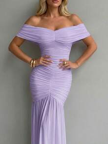 ChicMe Women's Off-Shoulder Ruched Maxi Dress, Sleeveless Fitted Mermaid Hem Cocktail Party Elegant Gown - Lilac Purple - View 5