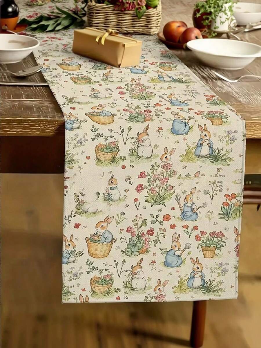 1 pieza Mantel con diseño de conejo de Pascua y flores, decoración de primavera y fiesta de Pascua, tela de poliéster, forma rectangular con acentos de conejo y flores de colores, adecuado para fiesta de Pascua o decoración de mesa de temporada - Verde - Ver 1