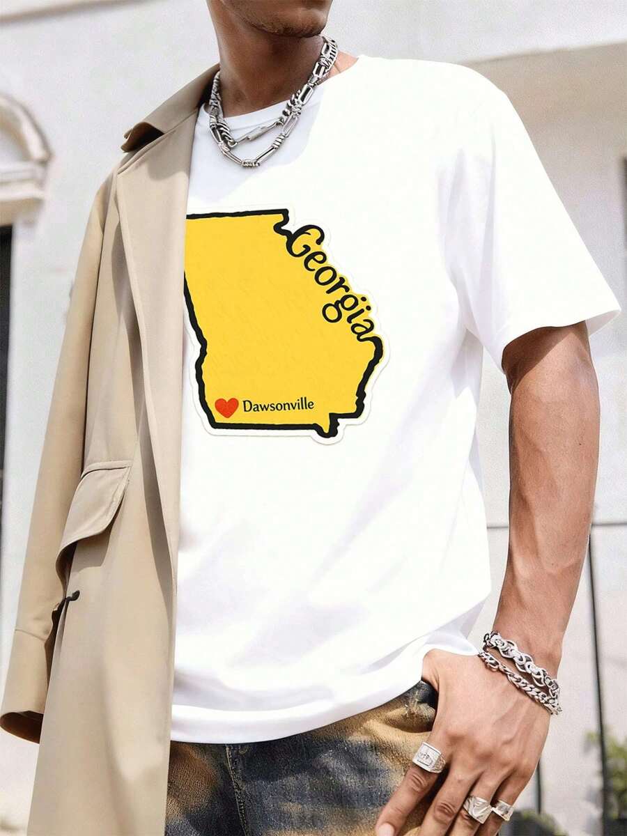 Dawsonville Graphic Tee Featuring The Map Of Georgia, Spring, Soft Cotton, Loose Fit, Breathable, Casual, Unique Graphic Print. - White - View 1