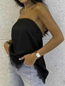 Women Lace Trim Satin Silk Strapless Tops Y2K  Asymmetrical Hem Tank Top Fashionable Minimalist Backless Solid Color Bandeau Shirt Summer Teen Girls Going Out Tops Club Streetwear Rave Outfit,Concert Outfit,Valentines Clothes,Beach Vacation Outfits - màu đen - Xem 3