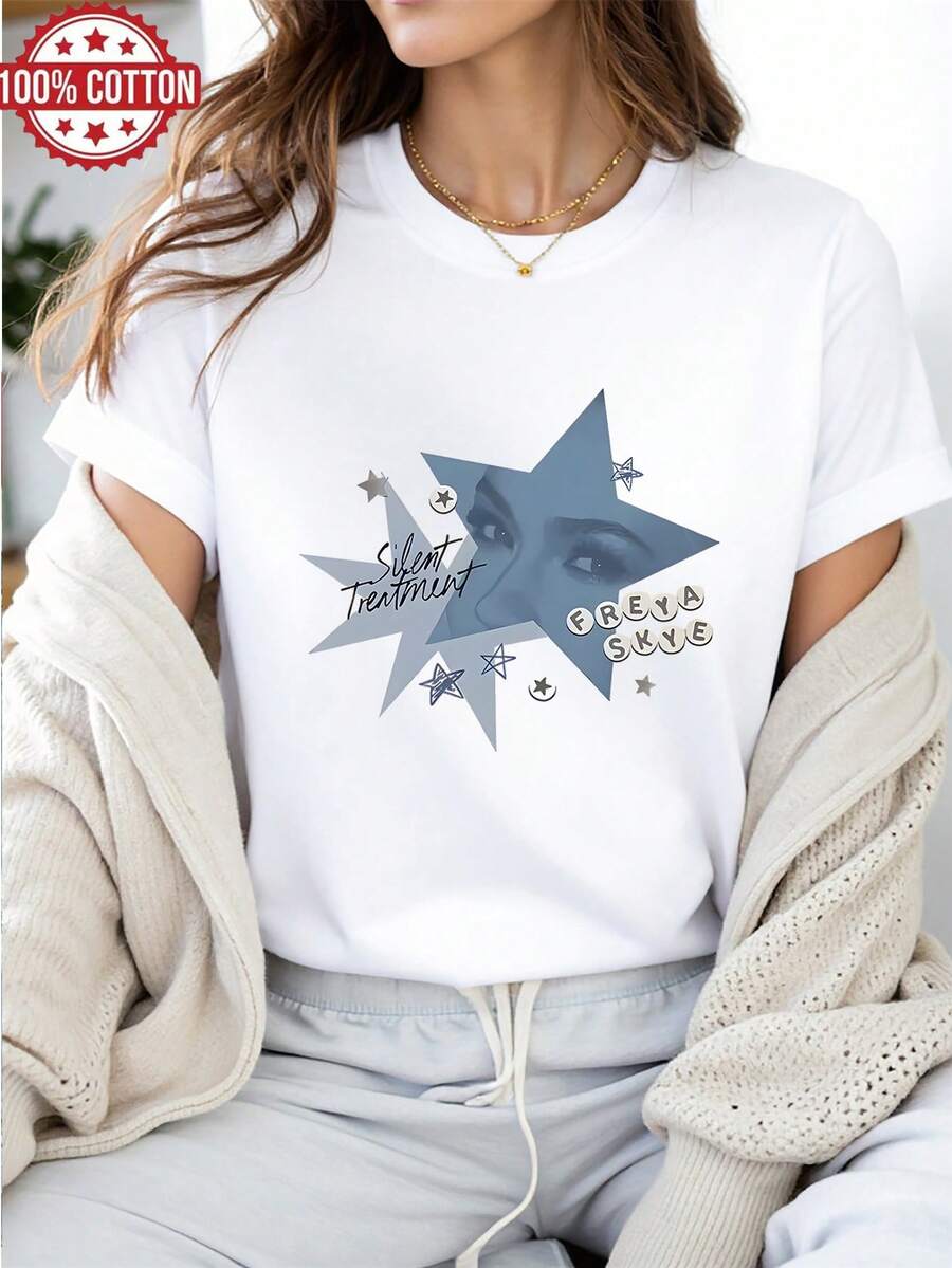 1 Áo thun ngắn tay nữ 100% cotton in hình ngôi sao Freya Skye Silent Treatment, thích hợp mặc mùa đông. - trắng - Xem 1