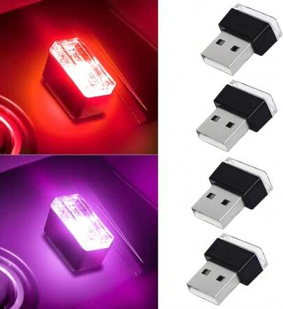 4 PCS USB LED Car Interior Atmosphere Lamp, Portable Mini Auto LED Decor Night Light, Plug-In USB Interface Ambient Lighting Kit, Universal Car Interior Accessories (Red+Purple)