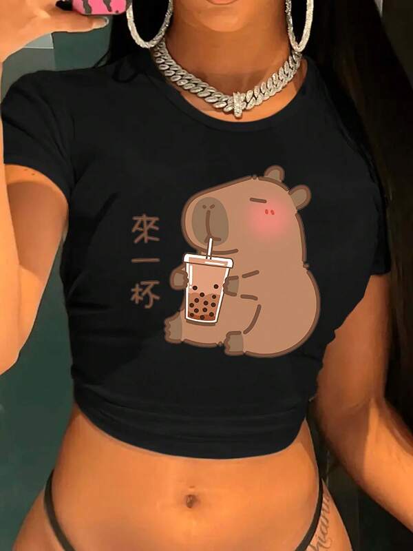 Womens Pure - Black Crop Top: Chill Vibes Capybara: Bubble Tea Bliss Black Crop Top - Easy Maintenance Perfect For Seasonal Style Fashion-Forward Graphic Top, Women's Crop Top Tee - Daily Casual Must-Have